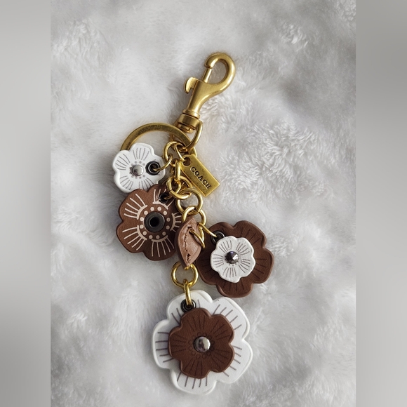 None Accessories - Designer Inspired Brown and White Floral Keychain with Gold Hardware Bag Charm